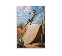 NPEJLCIGH Pittura a olio con animali di una lucertola con occhiali da sole che fa un trucco su una rampa nel deserto con cactus intorno. Decorazione da parete moderna da appendere - Stampa artistica