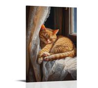 NPEJLCIGH Ritratto dell'età dell'oro olandese di un gatto rosso Tom che fa un sonnellino su un davanzale illuminato dal sole, tende in pizzo svolazzanti moderne da appendere alla parete, stampa