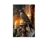 NPEJLCIGH Stampa artistica artistica da parete con ritratto dell'età dell'oro olandese di un maestoso falco appollaiato su un supporto dorato ornato e immerso in una calda candela a lume di candela