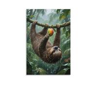 NPEJLCIGH Un bradipo appeso a testa in giù su una vite della foresta pluviale tropicale, artigli che afferrano un mango, gocce di pioggia che scivolano giù dalla sua pelliccia, decorazione da parete