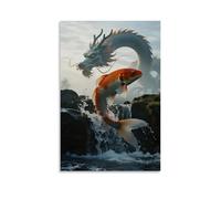 NPEJLCIGH Un pesce koi che salta contro la corrente attraverso una cascata, squame scintillanti, con l'ombra di un drago nascosta nella nebbia, decorazione da parete moderna da appendere - Stampa
