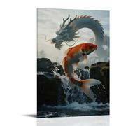 NPEJLCIGH Un pesce koi che salta contro la corrente attraverso una cascata, squame scintillanti, con l'ombra di un drago nascosta nella nebbia, decorazione da parete moderna da appendere - Stampa