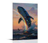NPEJLCIGH Una balena blu salta fuori dal mare, la sua pancia che riflette un doppio arcobaleno, con pesci luminosi nascosti tra le onde, decorazione da parete moderna da appendere, stampa artistica da