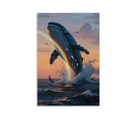 NPEJLCIGH Una balena blu salta fuori dal mare, la sua pancia che riflette un doppio arcobaleno, con pesci luminosi nascosti tra le onde, decorazione da parete moderna da appendere, stampa artistica da