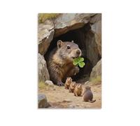 NPEJLCIGH Una marmotta colpisce la testa fuori dalla grotta, tenendo un trifoglio in bocca, seguito da una serie di piccole marmotte - Stampa artistica murale 30 x 45 cm