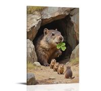 NPEJLCIGH Una marmotta colpisce la testa fuori dalla grotta, tenendo un trifoglio in bocca, seguito da una serie di piccole marmotte - Stampa artistica murale 40 x 60 cm