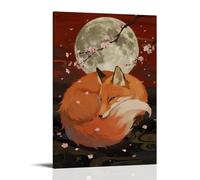 NPEJLCIGH Una volpe a nove code che si arriccia sotto la luna piena, la sua coda soffice che brilla debolmente, con fiori di ciliegio che fluttuano intorno alla moderna decorazione da parete da