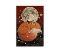 NPEJLCIGH Una volpe a nove code che si arriccia sotto la luna piena, la sua coda soffice che brilla debolmente, con fiori di ciliegio che fluttuano intorno alla moderna decorazione da parete da