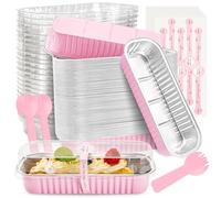 NPLUX Mini teglie rettangolari con coperchio e cucchiai, in alluminio, mini contenitori per cheesecake, 192,8 g (confezione da 60, rosa)