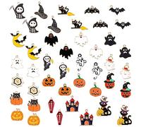 NQEUEPN 44pz Ciondoli di Halloween, Ciondoli DIY Halloween Multicolori per la Creazione di Gioielli Collane Orecchini Portachiavi Pipistrelli Fantasmi Zucche Gatto Nero Modello