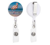 NQHJT Un fenicottero sulla spiaggia clip retrattile per impiegati in ufficio porta badge con chiusura a artiglio porta badge bobina clip per insegnanti, infermiere, medico, stile