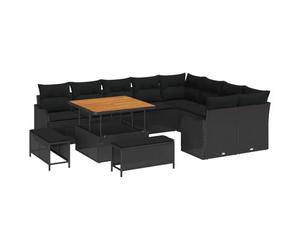 Nqyjm Set di divani da giardino, 12 pezzi, nero rattan sintetico, poltrona da esterno, divano modulare, seduta per patio terrazza balcone 2 bracci +2 x angolo +5 x centro+2 x ottomano lungo +tavolo