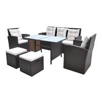 Nqyjm Set di mobili da giardino da 6 TLG con cuscino in polyrattan marrone, set di seduta con divano a 3 posti, 2 poltrone e 2 sgabelli per 7 persone, mobili da balcone per terrazza