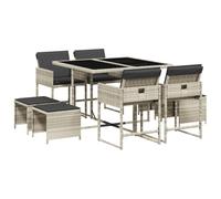 Nqyjm Set di mobili da giardino da 9 TLG, set da giardino con cuscino in polyrattan grigio chiaro, set di seduta con 4 sedie e 4 sgabelli, per 8 persone, mobili da balcone, per terrazza LH3