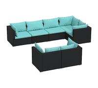 Nqyjm Set di mobili da giardino e cuscini, 7 pezzi, rattan sintetico, nero, set da terrazza resistente alle intemperie e combinabile, per patio terrazza 5X angolo + 2X centrali nero e blu acqua
