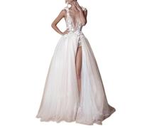 NRPEAK Abiti da Sposa per Senza Maniche Una Linea Sexy Doppio Profondo V Collo Alta Slit Empire Vita Applique Plus Size Abito da Sposa Bianco 34, Bianco, 48
