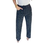 NRTHYE Jeans da donna a vita alta con strass larghi dritti a gamba larga lucida diamante casual pantaloni in denim, nero, M