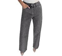 NRTHYE, pantaloni da donna a vita alta con strass, jeans larghi dritti a gamba ampia e lucente, pantaloni in denim casual con diamanti, Grigio chiaro, S
