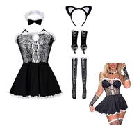 NSKRKOW Abito da cameriera senza spalline in pizzo per donne Anime Cosplay Lingerie tentazione Kawaii Catgirl Costume di Halloween