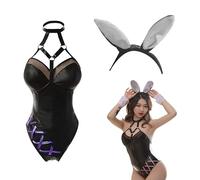 NSKRKOW Set Costume Coniglietta Sexy Pelle Verniciata Donna,Lingerie Body Cosplay Coniglio,Outfit Bunny Giochi Ruolo Halloween,Babydoll Vestito Coniglio Hot Accessori con Orecchie per Feste Clubwear