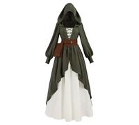 NSPSTT Costume medievale rinascimentale da donna, abito con cappuccio e marsupio, abito finto vichingo, due pezzi, per Halloween, verde, taglia L