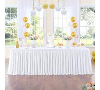 NSSONBEN 244 cm White Polyester Table Skirts for Rettangle Tables, Wrinkle Free Ruffle Pleats Cloth Table Skirt for Banquet Wedding Birthday Baby Shower Trade Meeting Cake Dessert Tables(No Top Cover)