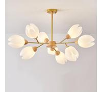 NTALJC Ceiling Hanging Lamps Sputnik Milk White Floral 6-Light Farmhouse Semi Flush Vintage Wood for Bathroom Bedroom Dining Room Living Room Kitchen