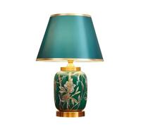 NTALJC Chinoiserie Green Ceramic Table Lamp Hand-Painted Bamboo & Birds Design Nightstand Lamp with Green Fabric Shade for Bedroom, Living Room Study Room (D14.1*H24.4),D14.1*H24.4