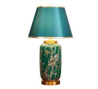 NTALJC Chinoiserie Green Ceramic Table Lamp Hand-Painted Bamboo & Birds Design Nightstand Lamp with Green Fabric Shade for Bedroom, Living Room Study Room (D14.1*H24.4),D14.1*H24.4