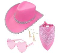 NTEVXZ Set Cappello da Cowgirl, Cappelli Cowboy Set da 4, Cappello da Cowboy Western Rosa, Include Occhiali Sciarpa Orecchini Adatto per Halloween Carnevale Giochi di Ruolo -4PCS