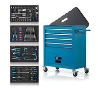 NTG Carrello da officina completo di utensili 70 pezzi - 4 cassetti + ampio vano + cuscino per le ginocchia - Cassetti con cuscinetti a sfera - 2 ruote con freno di stazionamento