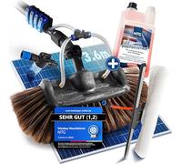 NTG Spazzola di lavaggio telescopica 1,68 - 7 m 3 in 1 con setole extra morbide + panno in microfibra e estrattore con attacco per acqua + dispenser di sapone per finestre, solare (fino a 3,6 metri +