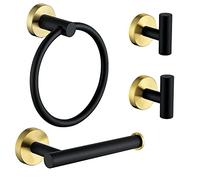 Ntipox Il set di accessori da bagno in acciaio inossidabile nero opaco e oro spazzolato include un porta asciugamano ad anello, un porta carta igienica e 2 ganci per accappatoio, kit di accessori da