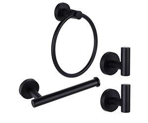 Ntipox Set di accessori per il bagno in acciaio inossidabile nero opaco, 4 pezzi, include anello per asciugamani, porta carta igienica e 2 ganci per accappatoi e asciugamani