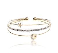 NTLX Bracciale rigido da donna, con zirconia cubica, 3 linee di filo di memoria con zirconi cubici e strass, placcato in argento, oro, oro rosa, motivo luna e stella, con confezione regalo inclusa