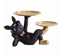 NUACOS France Bulldog Statue Scultura In Resina, Portachiavi, Caramelle, Gioielli Vassoio, Per Moderna Decorazioni Tavoli Da Pranzo Statua Del Maggiordomo Con 2 Vassoi La Casa Decorazioni (Nero)