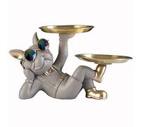 NUACOS France Bulldog Statue Scultura in Resina, Portachiavi, Caramelle, Gioielli Vassoio, per Moderna Decorazioni Tavoli da Pranzo Statua del Maggiordomo con 2 Vassoi La Casa Decorazioni (Grigio)