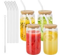 Nuangoo 4 Pièces Verres à Boire avec Couvercles en Bambou et Paille en Verre,Verre Canette 500 ml, ave,pour Café Glacé, Cocktail, Smoothie,Soda, Bière