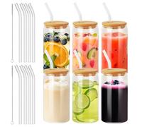 Nuangoo 6 Pièces Verres à Boire avec Couvercles en Bambou et Paille en Verre,Verre Canette 500 ml, ave,pour Café Glacé, Cocktail, Smoothie,Soda, Bière