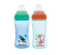 Nuby Confezione da 2 tazze sportive con beccuccio morbido e coperchio, per bambini con stampa senza fuoriuscite, per bambini dai 12 mesi in su, confezione da 2, razzo blu e Aqua Fox