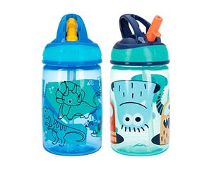 Nuby Flip-it Kids On-The-Go - Borraccia con cannuccia rigida a prova di morso, 360 ml, per bambini dai 18 mesi in su, 2 pezzi, le stampe possono variare