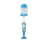 Nuby Spazzola per bottiglie con setole morbide e resistenti, facile da pulire, con manici testurizzati e base di aspirazione, sistema 2 in 1, blu