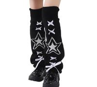 Nucelit Scaldamuscoli in maglia estetica giapponese con motivo a stella per le donne cravatte a nastro svasate coprigambe calzini senza piedi Streetwear Streetwear Streetwear, Stelle bianche nere