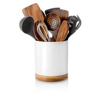 Nucookery Portautensili girevole a 360°, grande portautensili da 18,3 cm, in ceramica bianca, organizer per utensili da cucina con protezione sul piano di lavoro, fondo in sughero, per cucina di