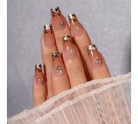 NudeRosa Press On Nails medio quadrato - KQueenest Cateye Leopard acrilico unghie da incollare con diamante, unghie finte da incollare, unghie finte in gel da donna, 24 pezzi