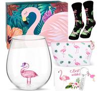 Nuenen Set 6 Regali a Tema di Fenicottero per Donna Incluso Bicchiere da Cocktail Senza Stelo con Fenicottero all'Interno Borsa da Trucco Calzini Portachiavi Biglietto di Auguri con Scatola da Regalo