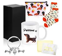 Nuenen Set di 5 Regali a Tema Cani Include Tazza da Caffè Divertente in Ceramica Calzini Portachiavi con Scatola Borsa per Trucco Biglietto di Auguri Regali per Amanti di Cani (Bassotto)
