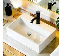 NUESTRA VIDA Lavabo da appoggio rettangolare compatto, in ceramica bianca. Dimensioni: 40×29,5×12 cm. Con foro per rubinetto, senza troppopieno. Per bagni piccoli e ambienti ridotti.