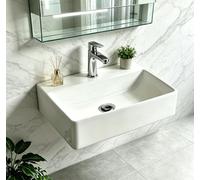 NUESTRA VIDA Lavabo rettangolare da 51 x 36 cm, da appendere a parete e da appoggio, in ceramica bianca, per WC degli ospiti e bagno, con foro per rubinetto