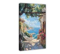 NUIHAGF Poster su tela con terrazza rivestita di geranio in Costa Azzurra, decorazione per camera da letto, ufficio, camera da letto, regalo, 20 x 30 cm